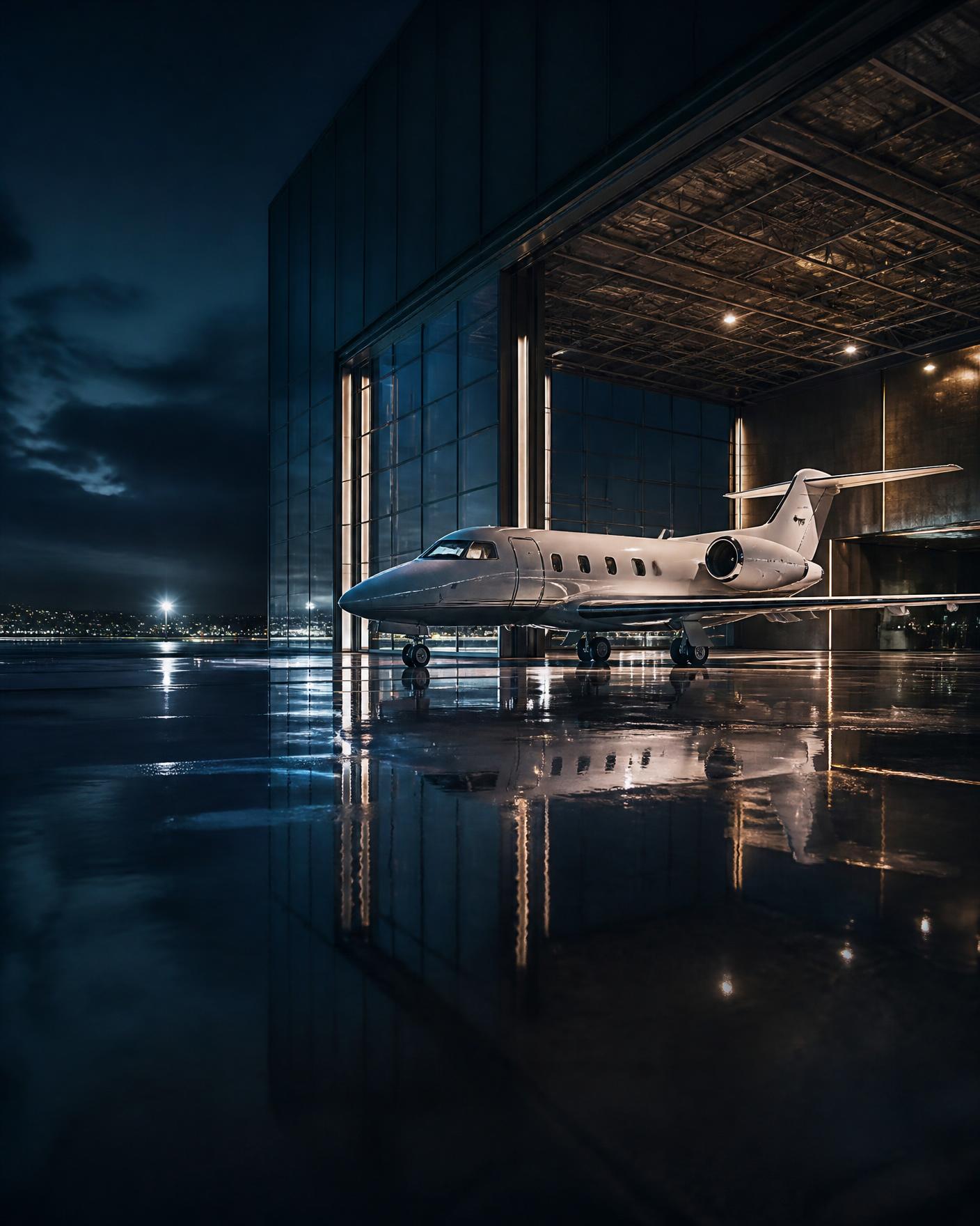 Business Jet in einem architektonischen Hangar bei Nacht